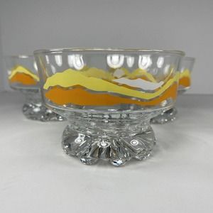 3 Parka Footed Dessert Bowl Dish Orange Yellow Mountains Outdoors Vtg Kitschy